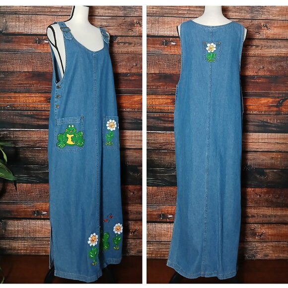 Haiks Maxi Denim Jumper Dress Size L Vintage Hand Painted Frogs & Flowers Slits - Picture 2 of 9